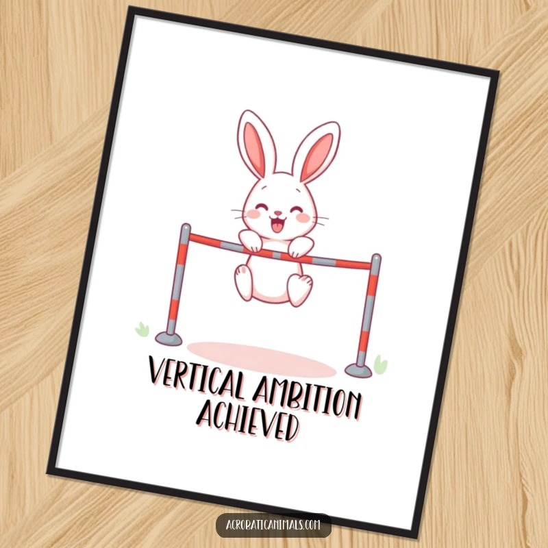 Funny rabbit mid-air during a high jump attempt on a poster, conveying effort and humor, a delightful funny gift.
