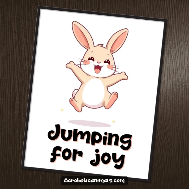 Funny Rabbit Jump Poster showing a happy rabbit soaring high in a jump, adding dynamic energy and humor to wall decor.