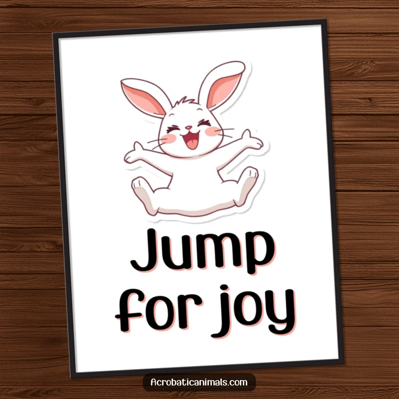 Funny rabbit poster capturing a joyous bunny in a split jump, ears flopping dynamically, adding humorous energy to wall art.