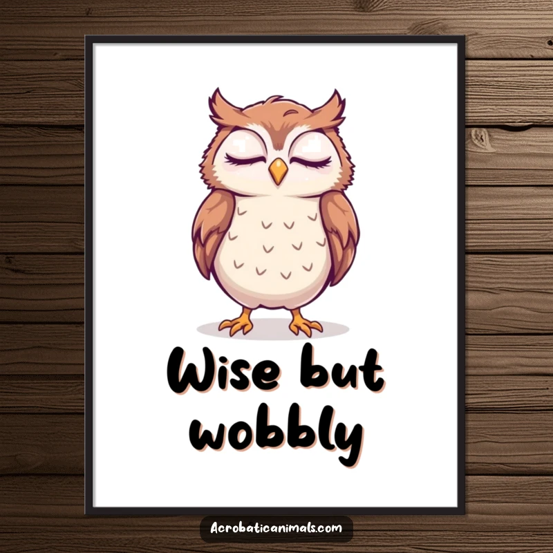 Funny, high-quality poster of a sleepy owl attempting a handstand with a smile, adding a whimsical and humorous touch to any room.