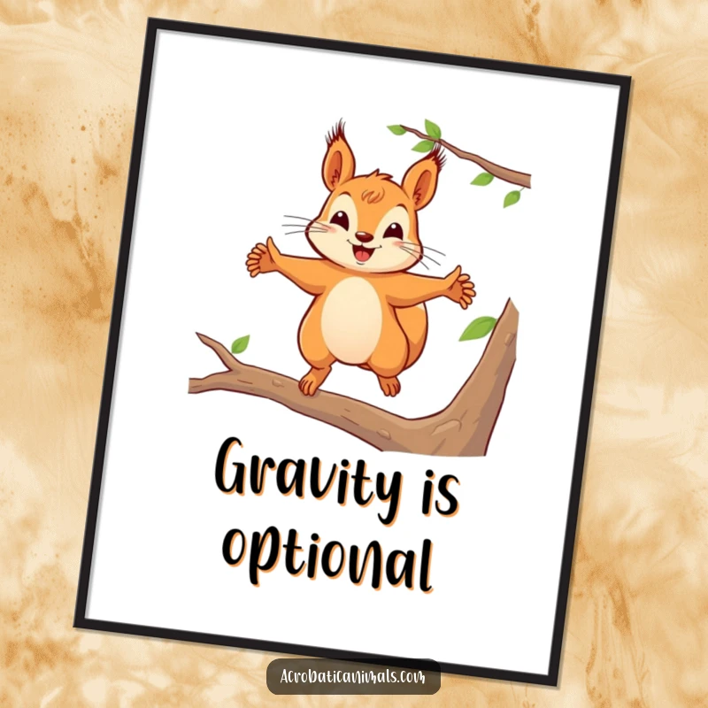 Funny squirrel poster of a squirrel leaping dynamically between branches, adding a playful focal point, a wonderful funny gift.
