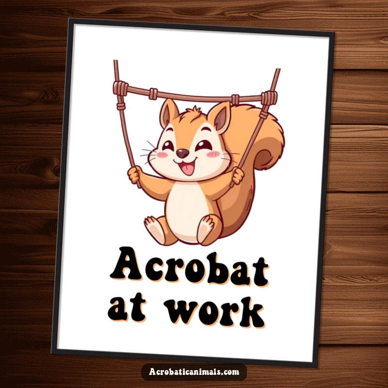 Funny poster showcasing a mischievous squirrel artistically swinging from a trapeze, a piece of vibrant and humorous wall art.
