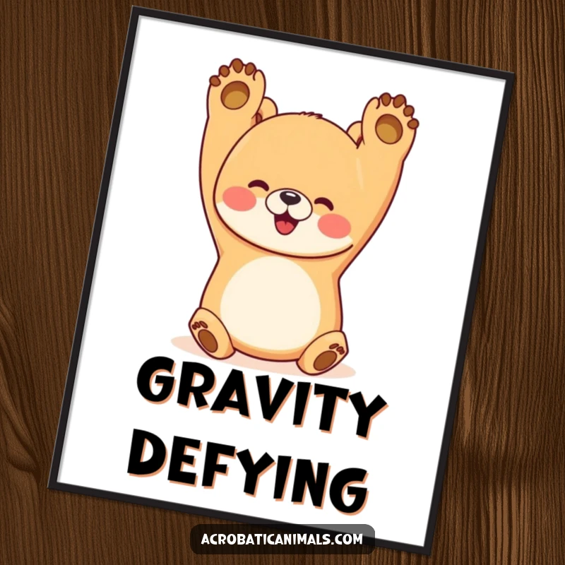 Funny bear poster featuring a happy bear in a perfect handstand with paws up, symbolizing strength and humor for wall decor.