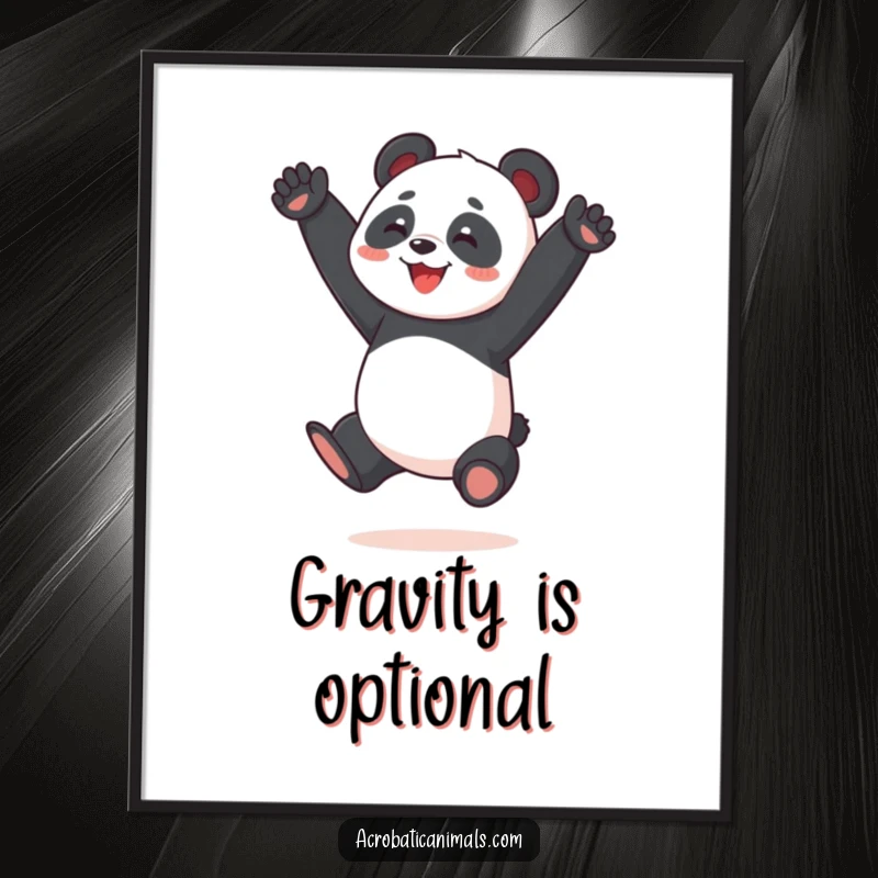 Funny Panda Acrobat Poster: A joyful panda in a dynamic split jump, wall art designed to bring smiles and a touch of playful energy.