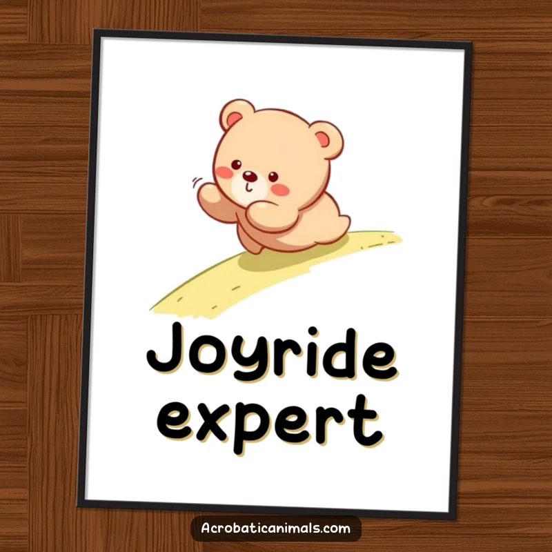 Funny poster art of a bear cub joyfully tumbling down a gentle hill, conveying innocent fun and happiness.