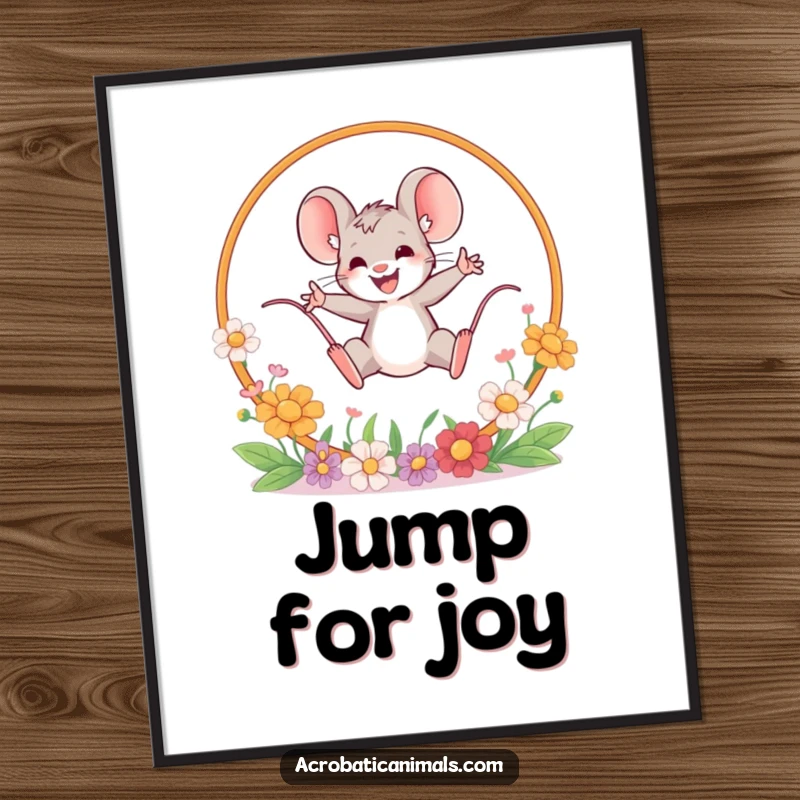 Funny mouse leaping poster print, featuring a brave mouse jumping through a hoop of flowers. Humorous floral art, perfect gift.