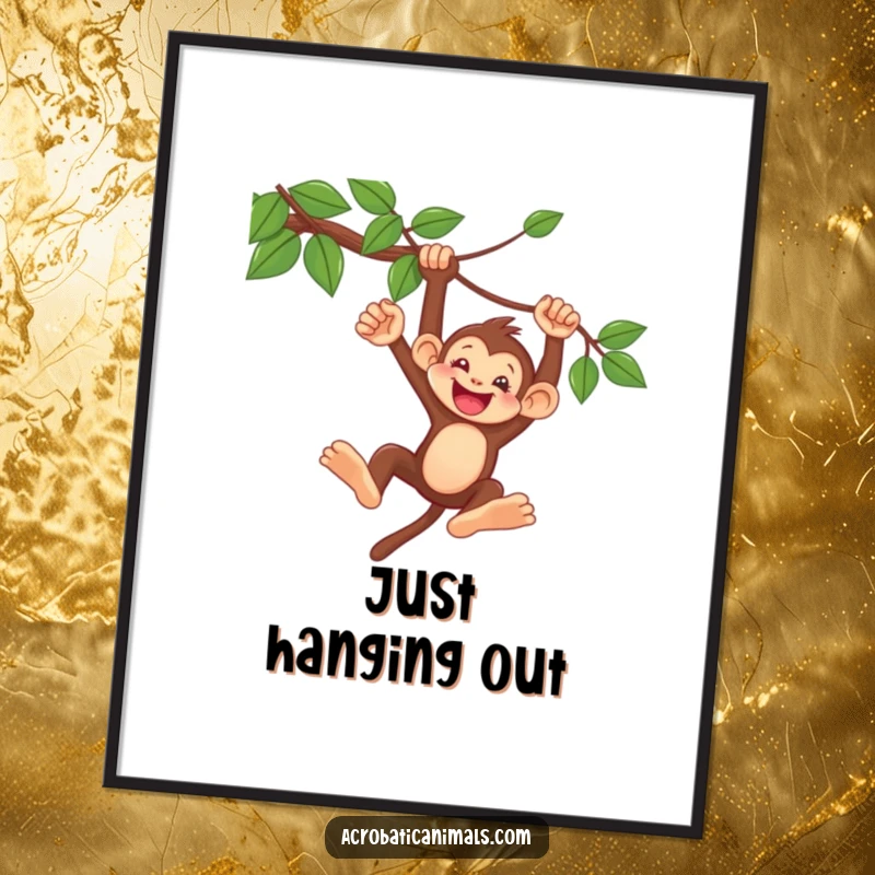 Funny Monkey Vine Swing Poster: A delighted monkey swinging from a vine, wall art designed to bring smiles and a touch of playful adventure.