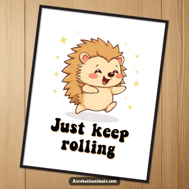 Funny hedgehog cartwheel poster print, depicting an ecstatic hedgehog mid-cartwheel with trailing sparkles. Fun wall art, great humorous gift.