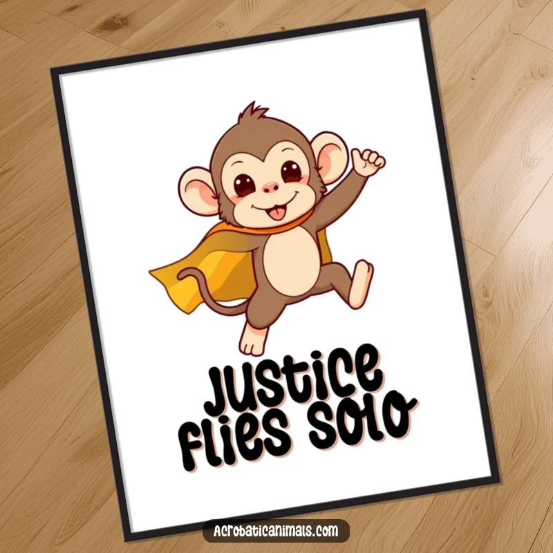 Funny poster showcasing a silly monkey superhero in mid-air, cape billowing, embodying courage and comedic timing on a grand scale.