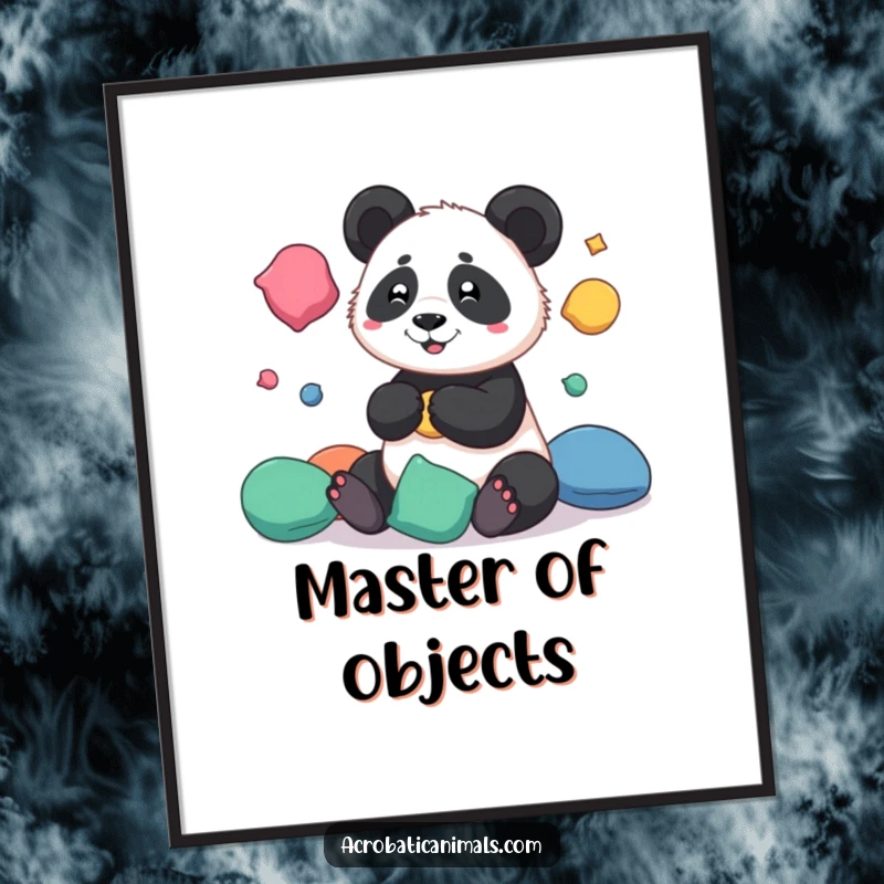 Funny poster showcasing a playful panda intently juggling colorful beanbags, creating a vibrant and cheerful atmosphere.