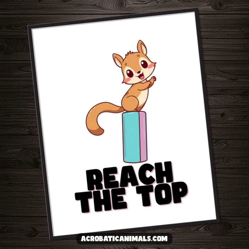 Funny squirrel climbing poster print, featuring a determined squirrel scaling a tall, colorful bar. Humorous motivational art, great gift.