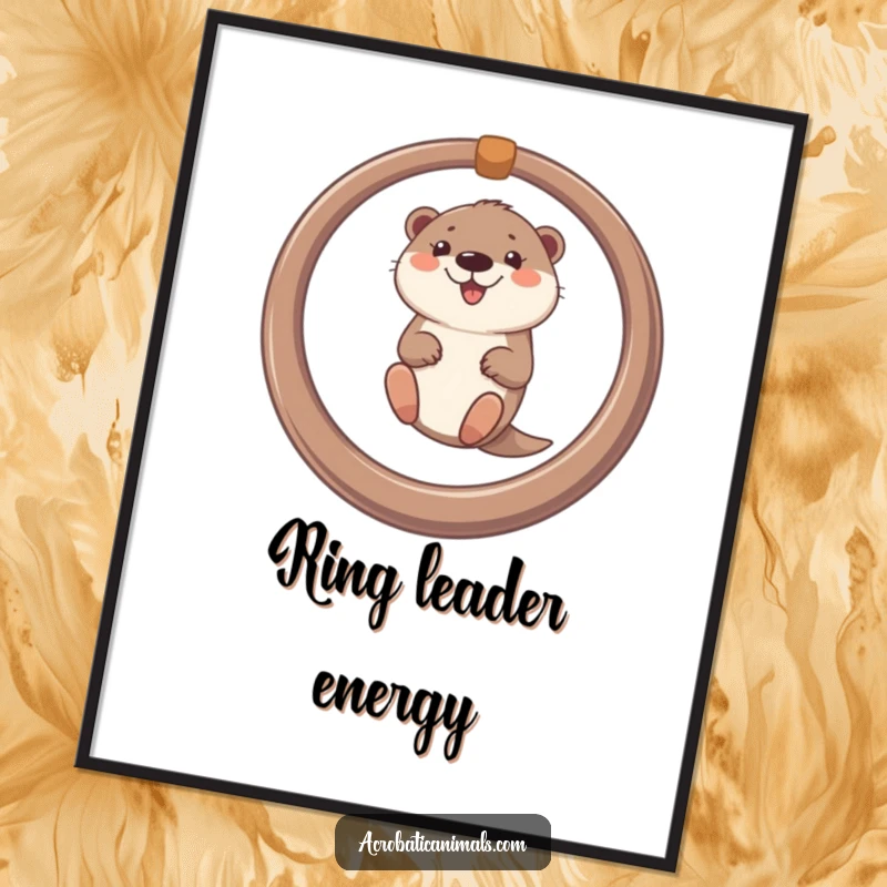 Funny poster art of a smiling otter swinging on a ring, bringing playful vibes and visual delight to any wall.