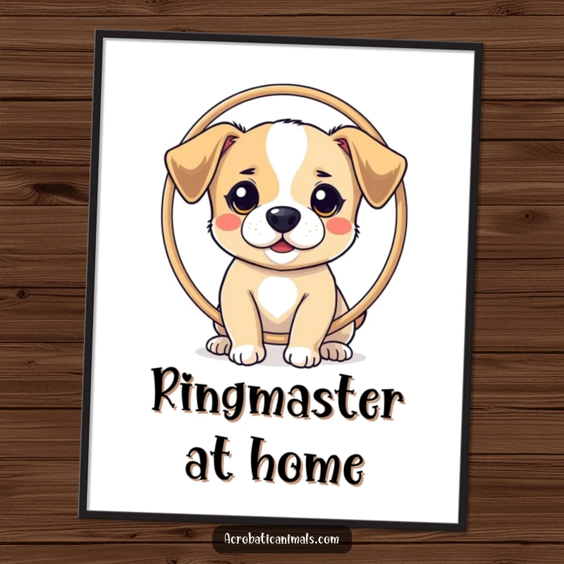 Funny poster showing a small dog with remarkable balance, holding a hoop on its nose, a delightful display of canine talent.