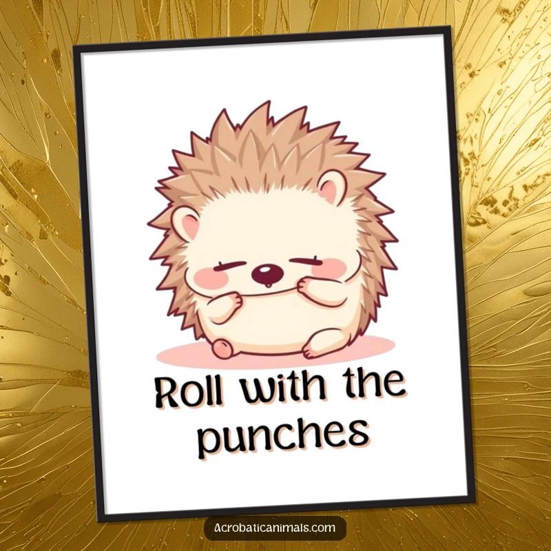 Funny hedgehog poster depicting a small, fluffy hedgehog doing a forward roll with eyes closed, offering adorable wall art.