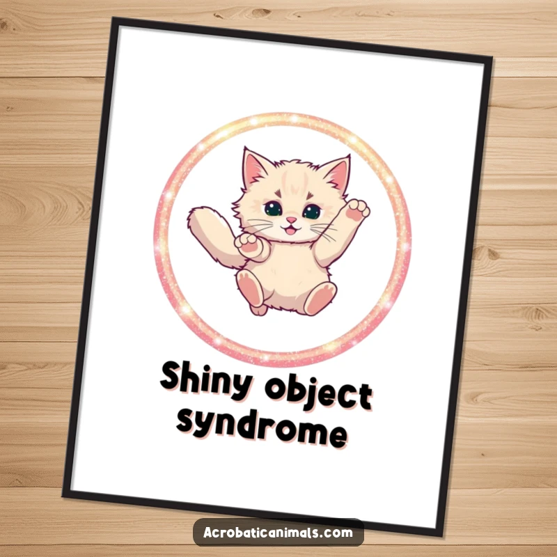 Funny, artistic poster of a fluffy cat leaping through a glittering hoop, adding a magical and humorous touch to any wall.