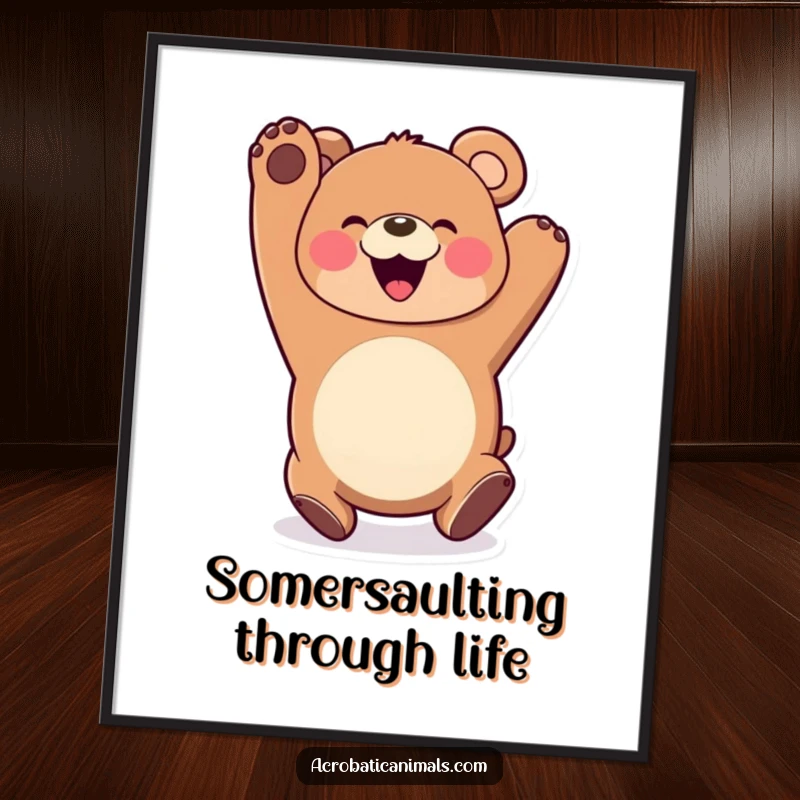 Funny Bear Somersault Poster: A happy bear performing a somersault with a wide smile, wall art designed to bring smiles and cheerful energy.