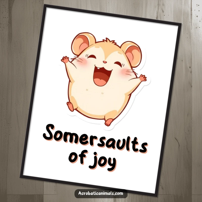 Funny Hamster Poster: A round hamster character is somersaulting with a big, joyful smile, bringing cheer.