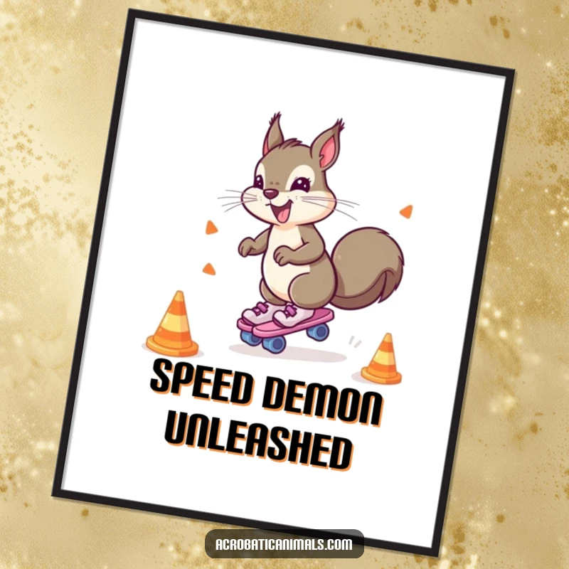 Funny poster showcasing a hyperactive squirrel on roller skates, masterfully navigating cones with impressive speed and agility.