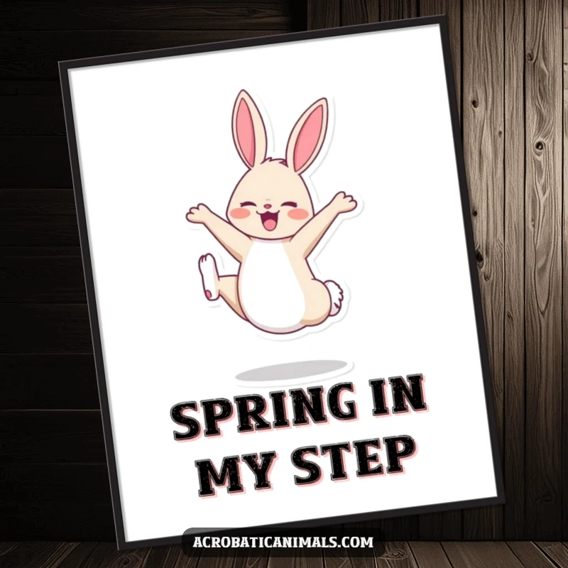 Funny, high-quality poster of a cheerful bunny performing a perfect cartwheel, bringing playful energy to any room decor.