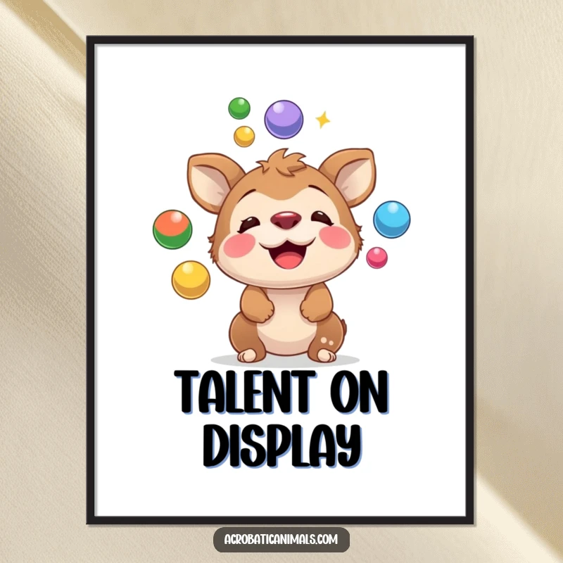 Funny poster showcasing a playful animal balancing and juggling colorful balls on its nose with hilarious concentration and impressive skill.