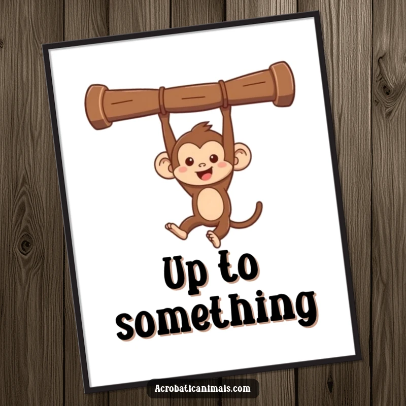 Funny monkey swinging poster print, depicting a mischievous monkey swinging from a bar. Humorous jungle art, perfect gift.