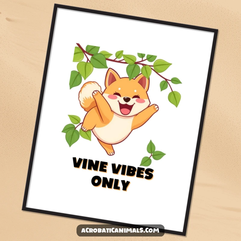 Funny Shiba Inu poster displaying a delighted puppy swinging from a vine, adding a comical touch to home decor, a great funny gift.