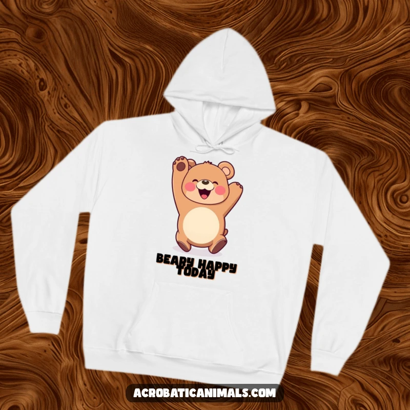 Funny Bear Somersault Hoodie: A cozy sweatshirt featuring a happy bear somersaulting with a wide smile, designed for warmth and cheerful fun.