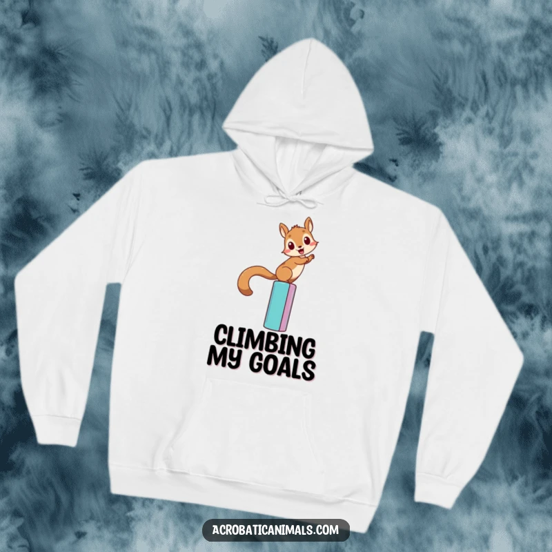 Funny squirrel climbing hoodie, featuring a determined squirrel scaling a colorful bar. Warm and humorous for active individuals, excellent gift.