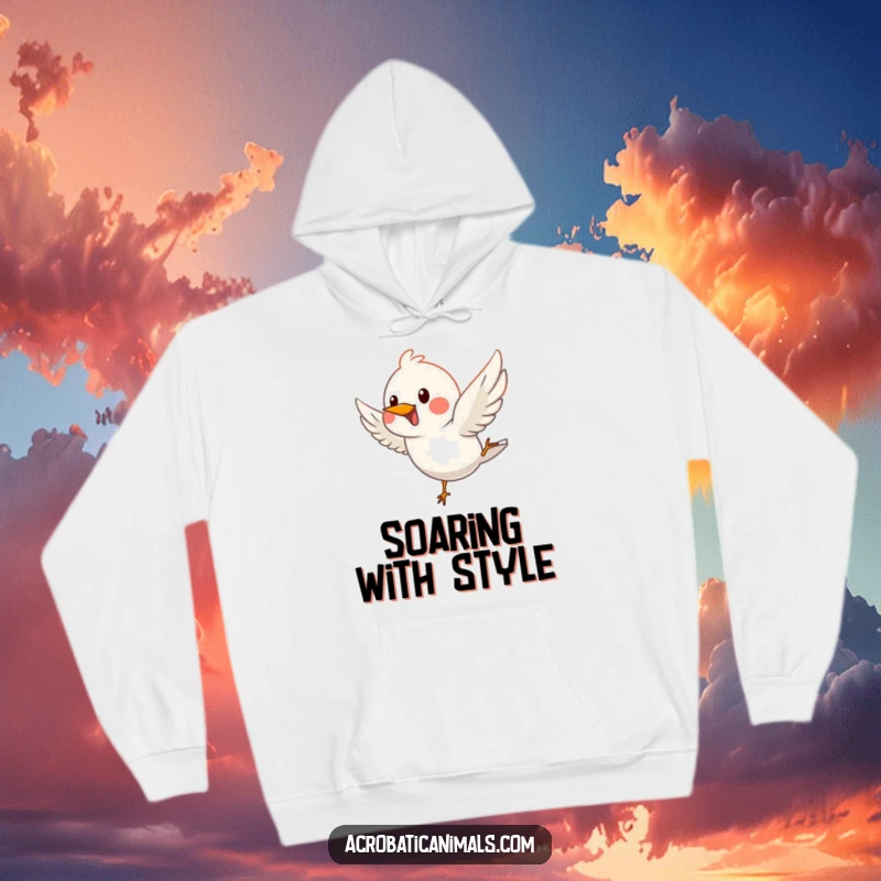 Funny hoodie with a happy bird gracefully diving, offering warmth and a sense of whimsical adventure.