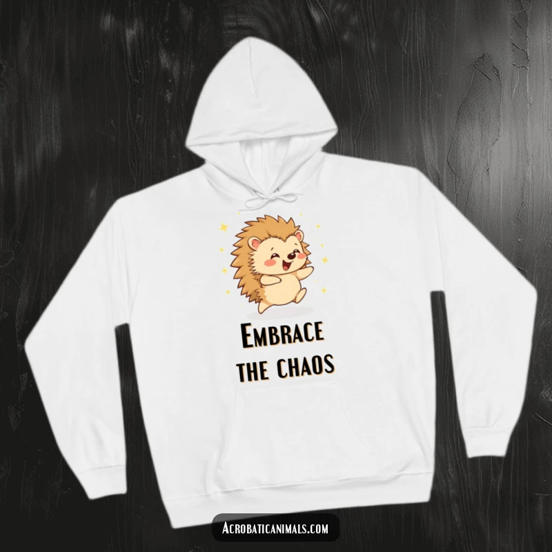 Funny hedgehog cartwheel hoodie featuring a happy, cartwheeling hedgehog amidst sparkling magic. A heartwarming and humorous gift idea.