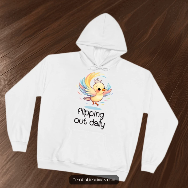 Funny hoodie inspired by a bird creating a vivid, colorful whirlwind as it spins, offering warmth and joy.