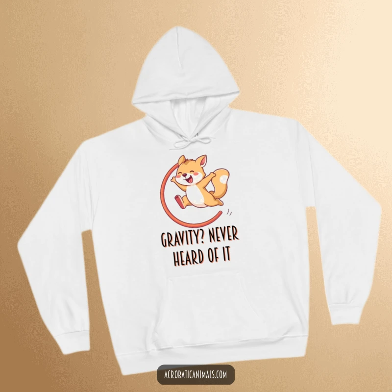 Funny hoodie illustration of a determined animal executing a spectacular hoop jump, emphasizing agility and hilarious athletic prowess.