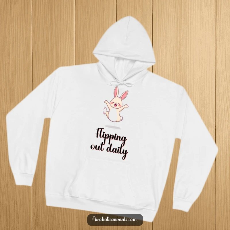 Cozy funny hoodie with a cheerful bunny doing a cartwheel, perfect for adding warmth and playful energy.