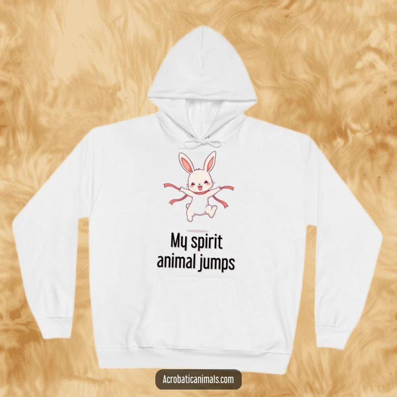 Funny Bunny Hoodie: A cute bunny character executes a dramatic high jump with a ribbon, embodying playful spirit.