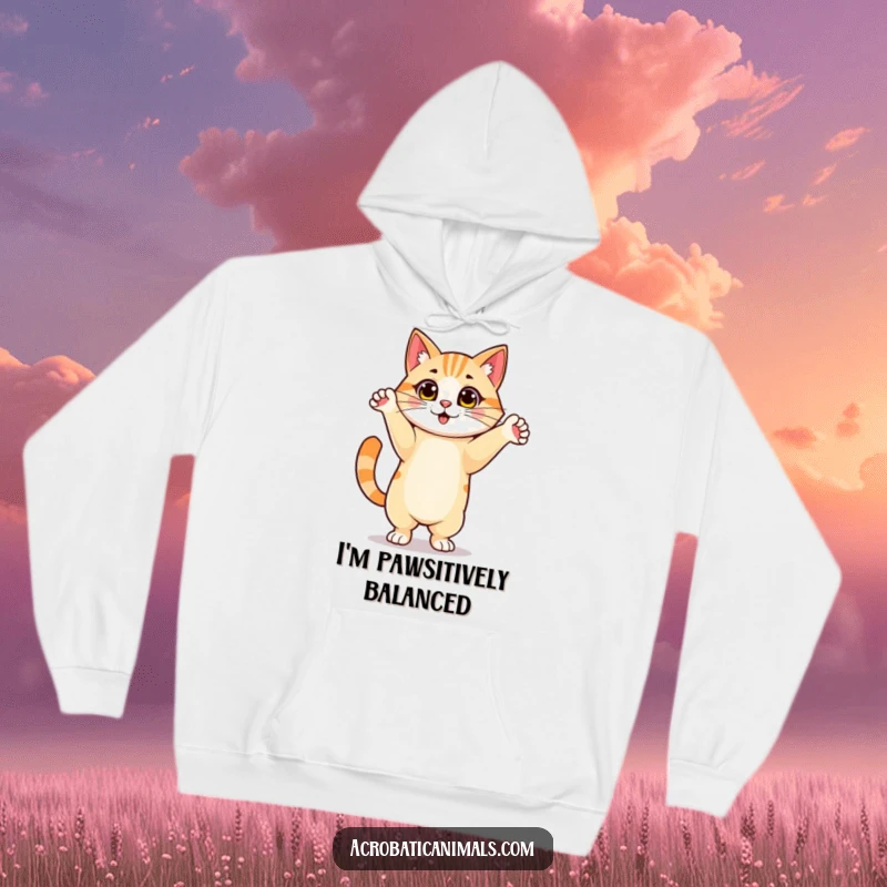 Funny hoodie with a proud cat character performing an impressive handstand, radiating calm and humor. Excellent for gifting.