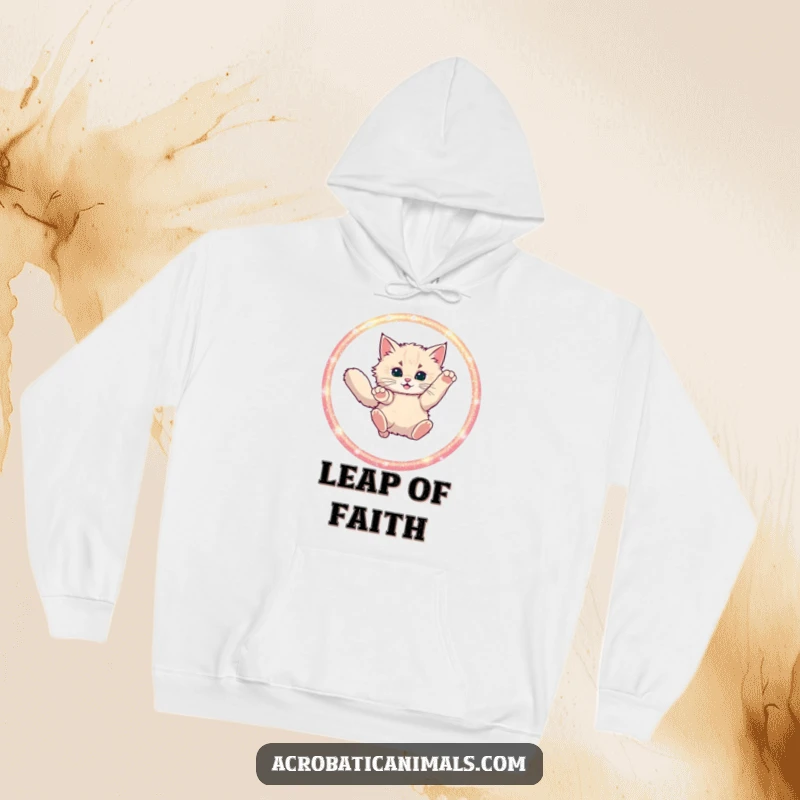 Cozy funny hoodie with a fluffy cat leaping through a sparkling hoop, perfect for adding warmth and humor to your day.
