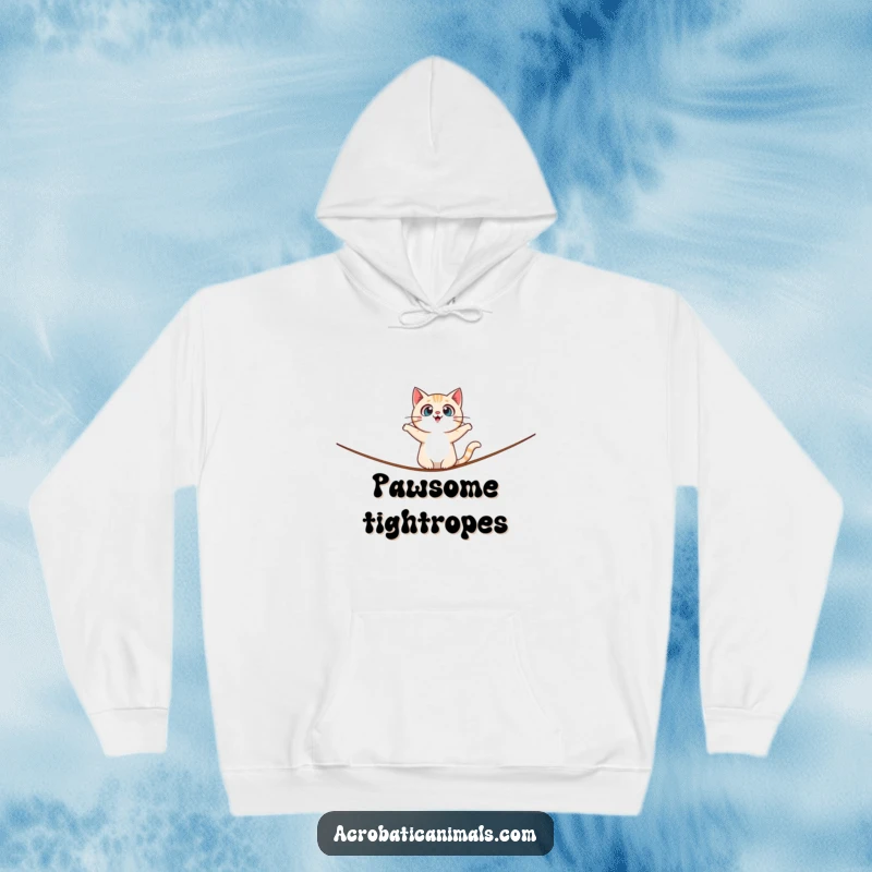 Funny hoodie featuring a surprised cat character balancing on a tightrope, combining cozy warmth with humorous, high-stakes adventure.