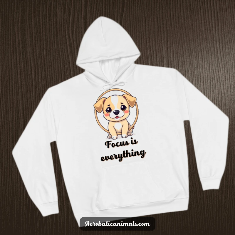Funny hoodie featuring a small dog balancing a hoop on its nose, offering warmth and a dose of adorable trickster humor.