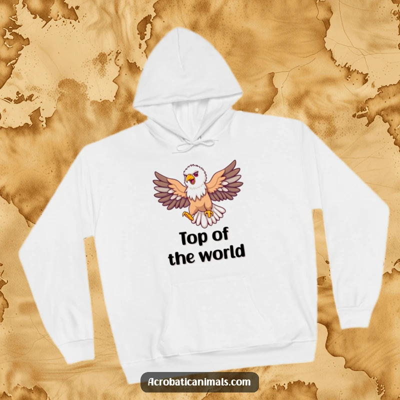 Funny eagle hoodie showing a proud bird soaring with outstretched wings in a loop, perfect for cozy, humorous patriotism.