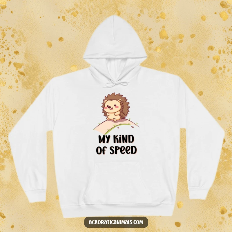 Funny hoodie featuring a happy hedgehog rolling downhill with a smile, providing warmth and a dose of pure joy.