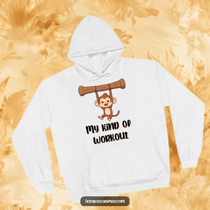 Funny monkey swinging hoodie, depicting a mischievous monkey swinging from a bar. Cozy and humorous for playful individuals, excellent gift.