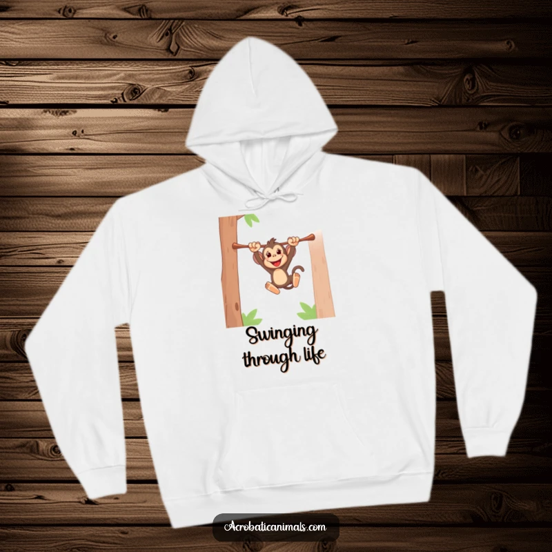 Funny hoodie featuring an energetic monkey swinging from a bar, offering warmth and a touch of jungle-themed humor. Excellent gift.