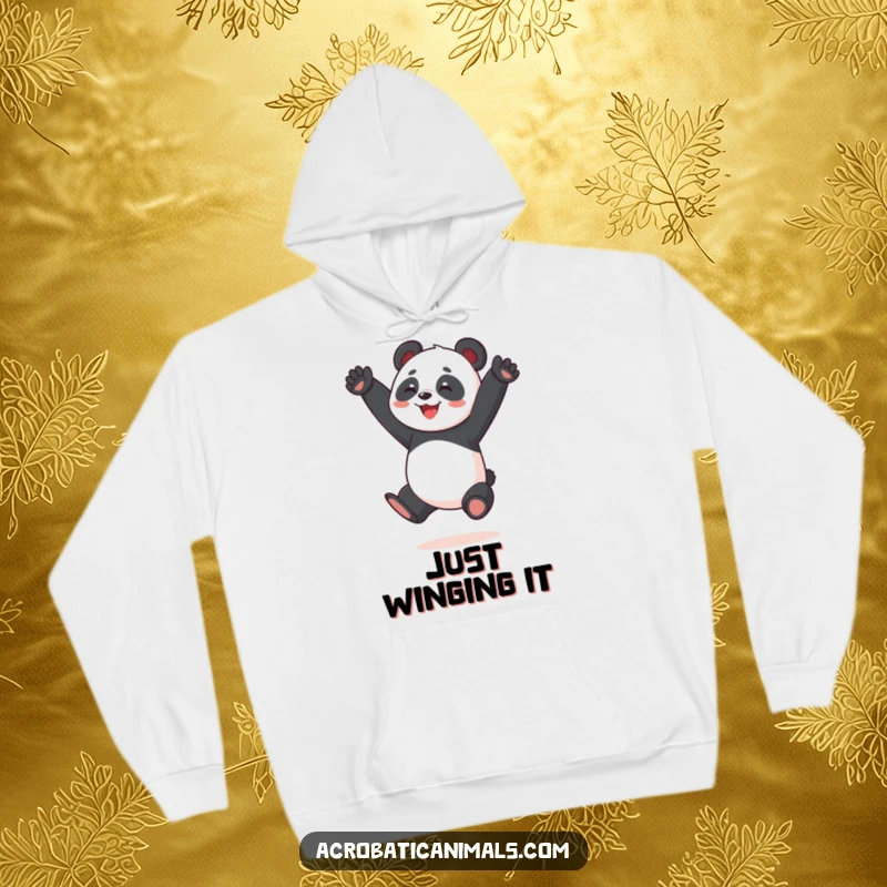 Funny Panda Acrobat Hoodie: A joyful panda character in a split jump pose, designed for cozy comfort and guaranteed laughs, a great funny gift.