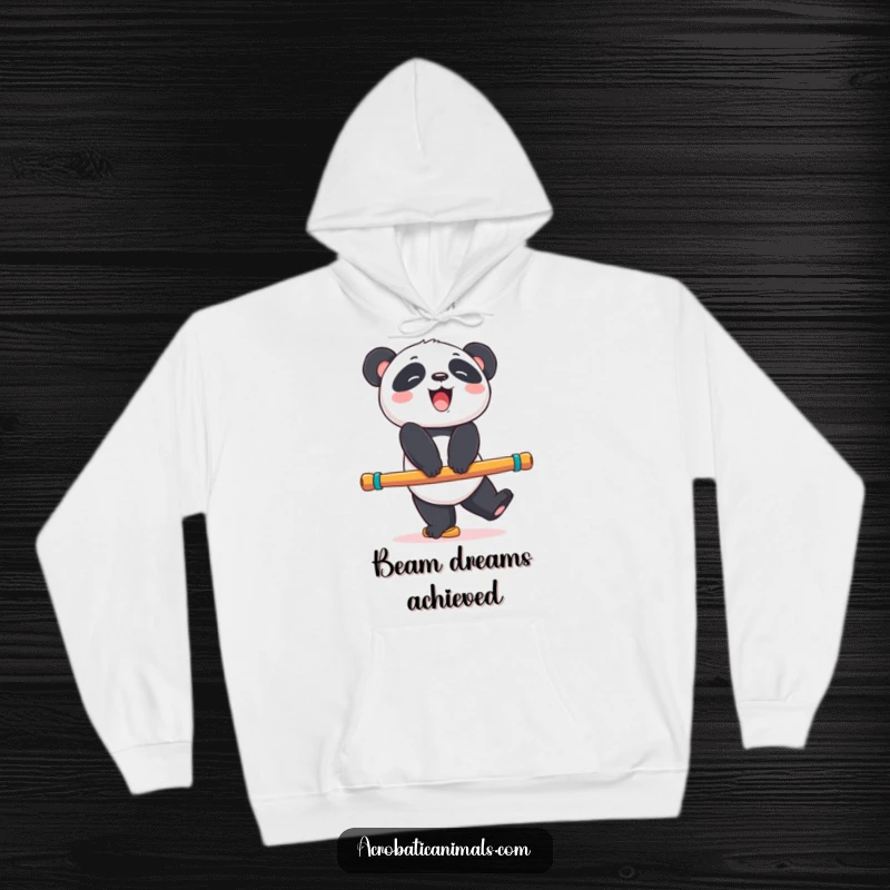 Funny panda bear hoodie showing a giggling bear balancing on a colorful exercise beam, perfect for warmth and laughs, a unique funny gift.