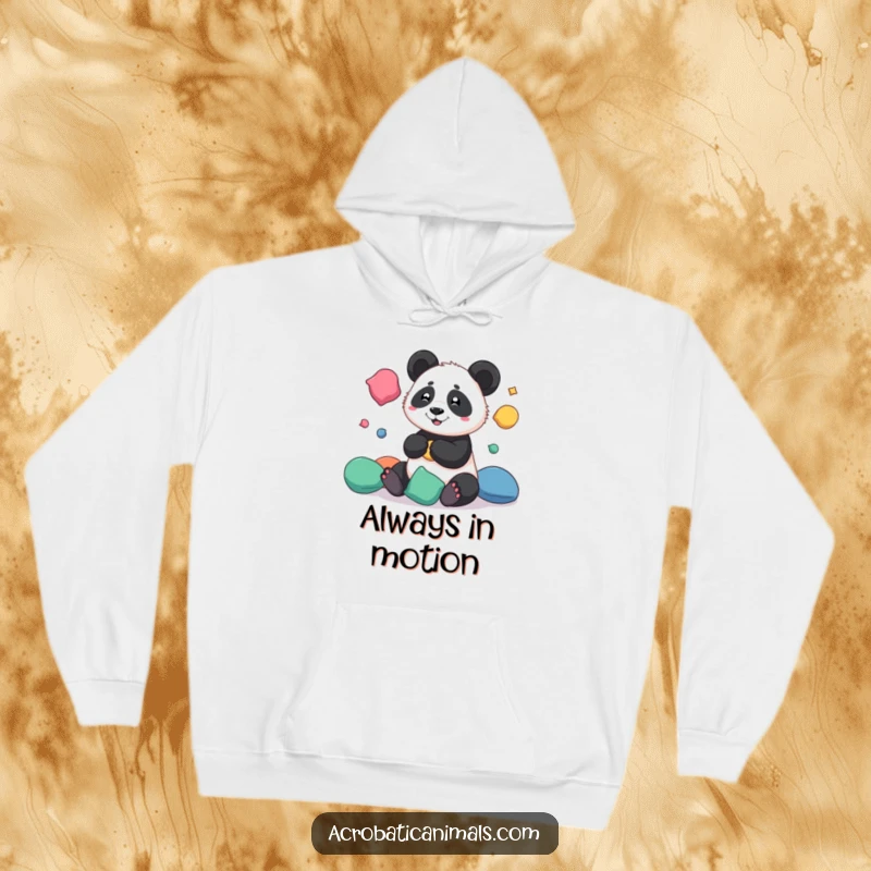 Funny hoodie with a playful panda showcasing incredible juggling skills with colorful beanbags, offering warmth and amusement.