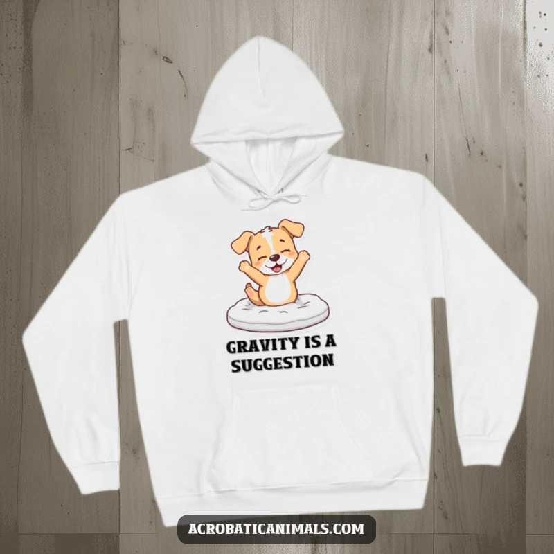 Funny Puppy Hoodie: A playful puppy character is dramatically flipping over a foam mat, looking incredibly energetic.