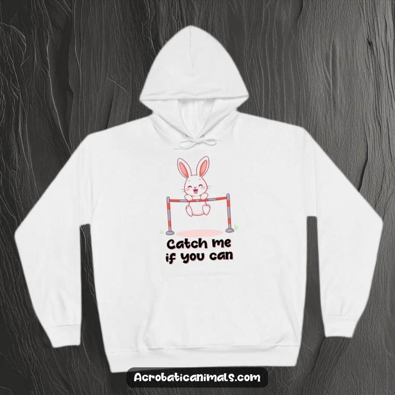 Funny rabbit executing a high jump with exaggerated effort on a cozy hoodie, perfect for a humorous and warm funny gift.