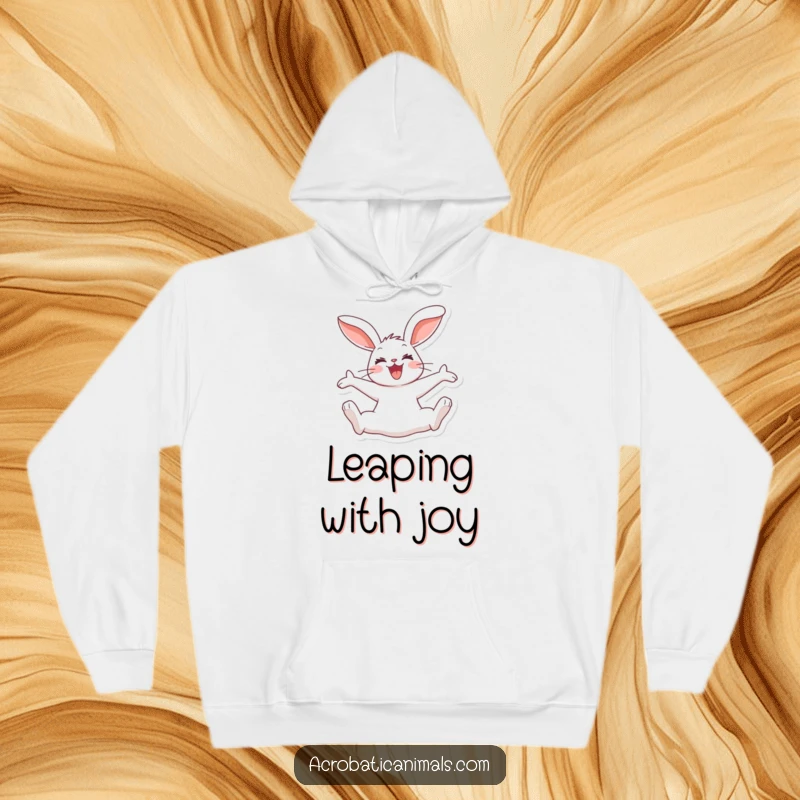 Funny rabbit hoodie showing a joyous bunny mid-split jump, ears flopping, ideal for cozy and humorous relaxation.