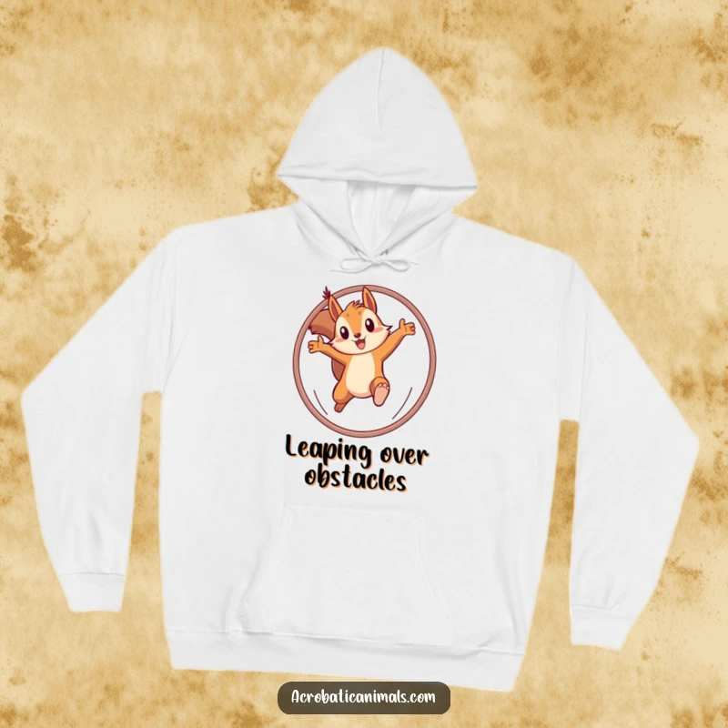 Funny hoodie featuring a determined squirrel leaping through a hoop, offering warmth and a dose of ambitious humor. Excellent gift.