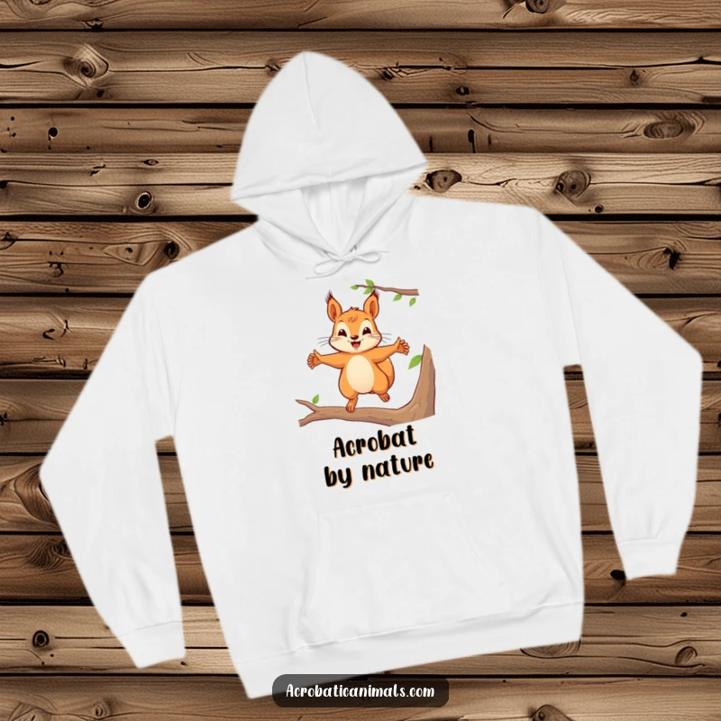 Funny squirrel hoodie featuring a squirrel leaping joyfully between branches, perfect for cozy, playful moments, a funny gift.